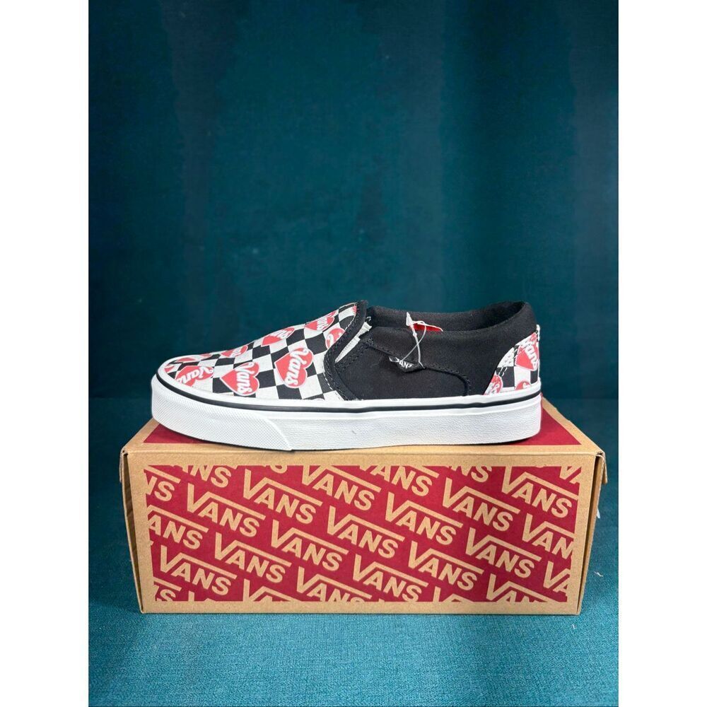 Vans Asher Checkerboard Heart Slip On Shoes Black Red Women’s Size 5.5 NEW VN0A4